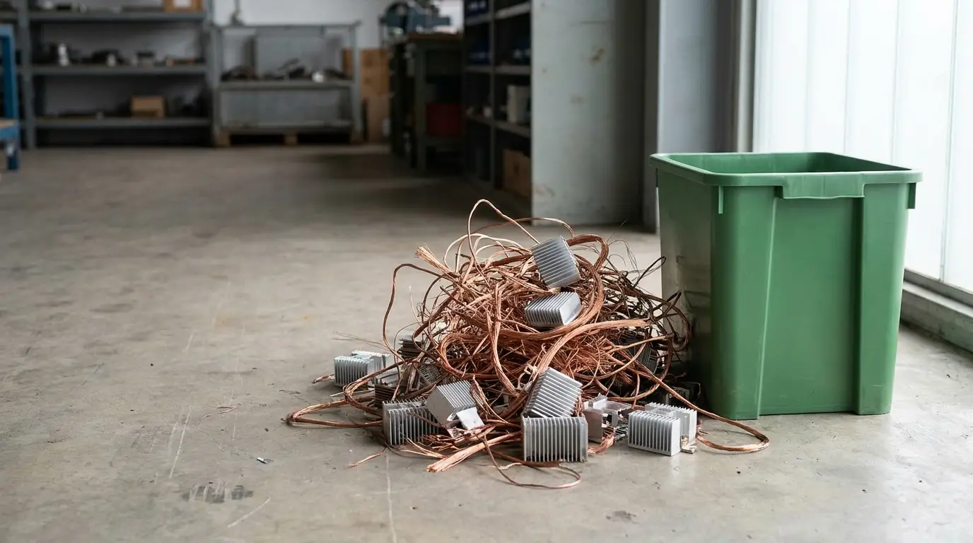 Scrap metal pile with copper wires beside green recycling bin in industrial workshop
