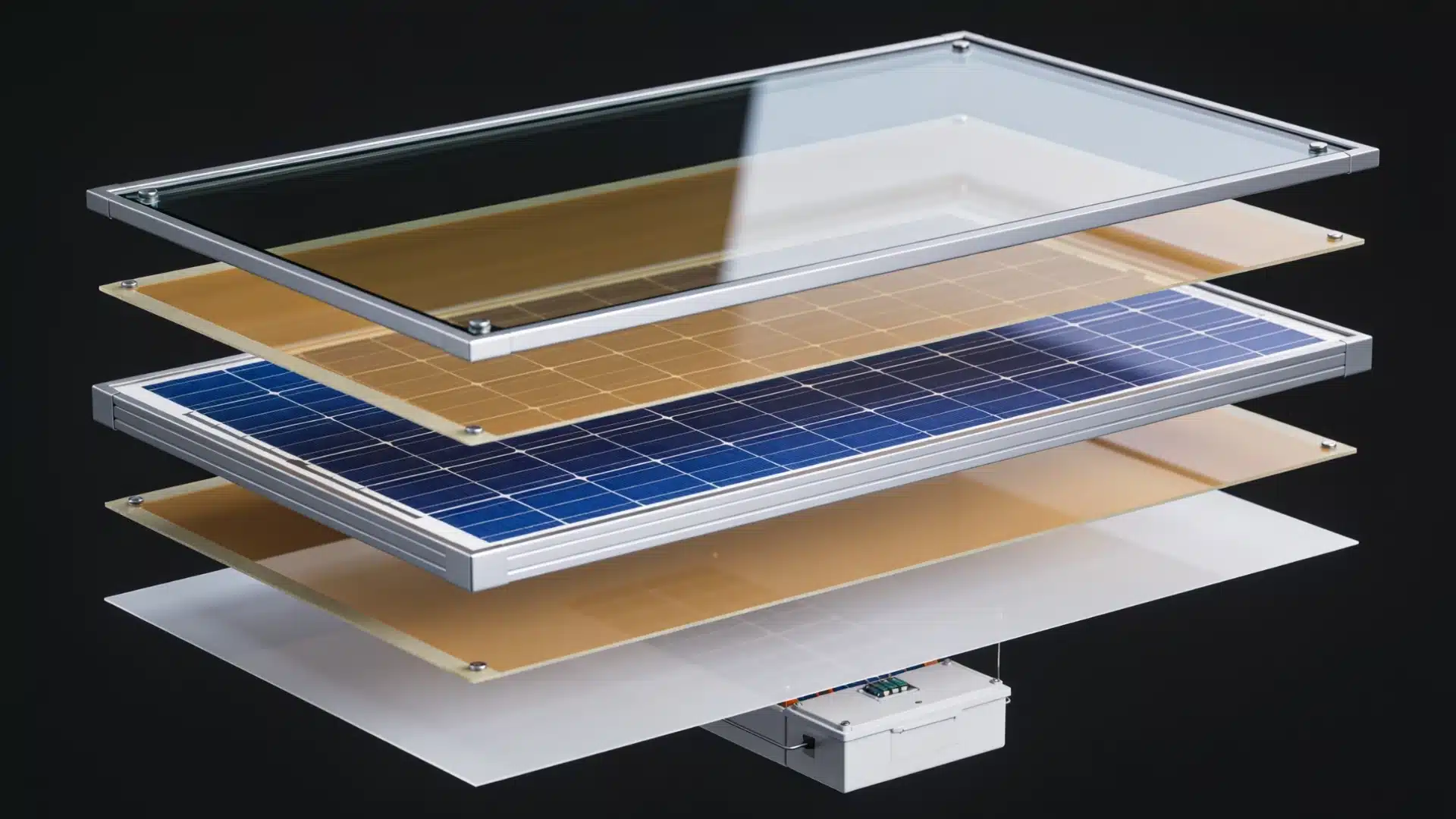 Exploded view of solar panel layers with glass, cells, frame, backsheet, and junction box