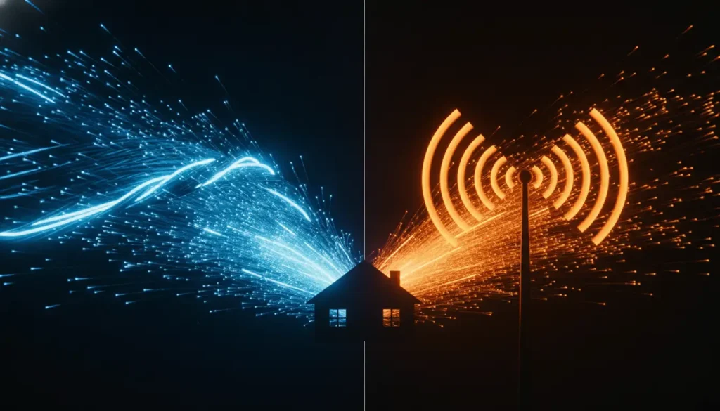 Silhouette of house with blue and orange digital energy streams against dark background