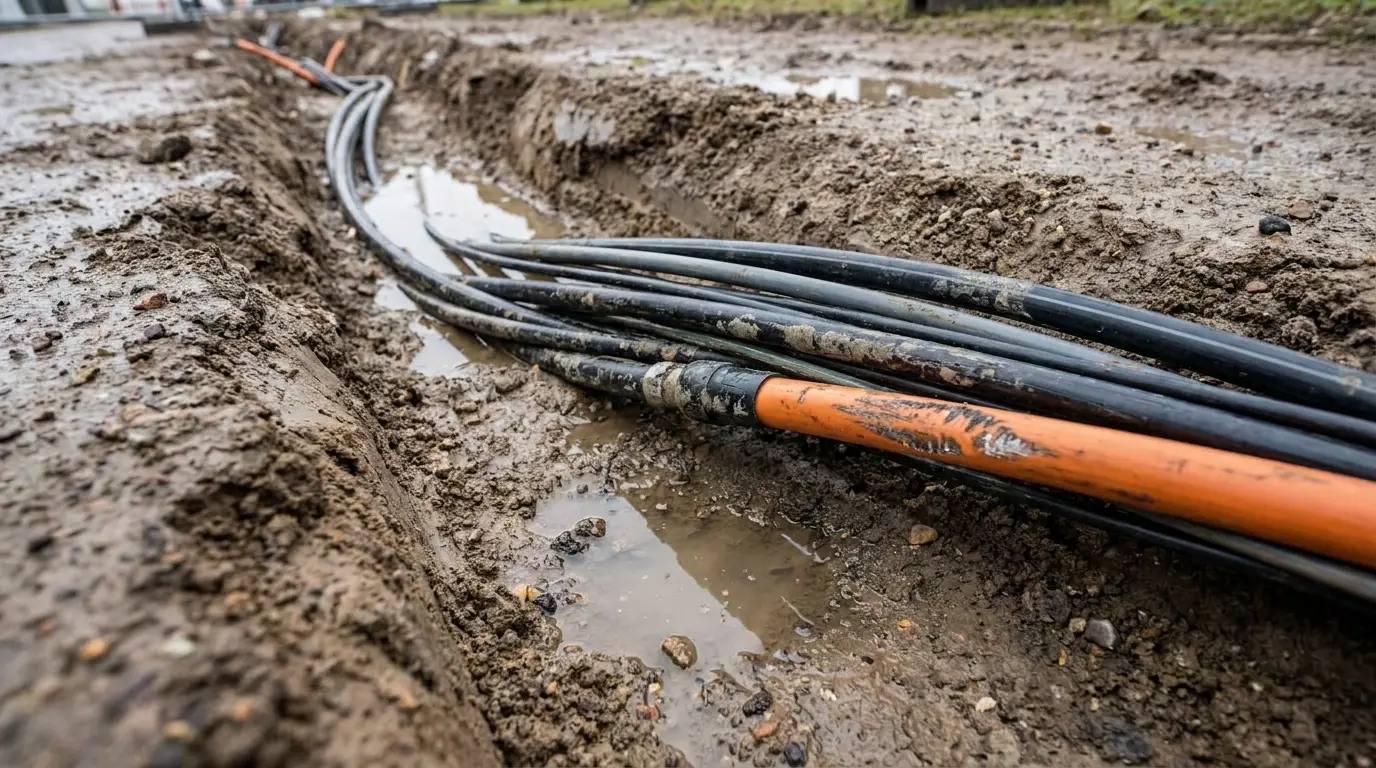 Cables laying in muddy trench on construction site under overcast sky