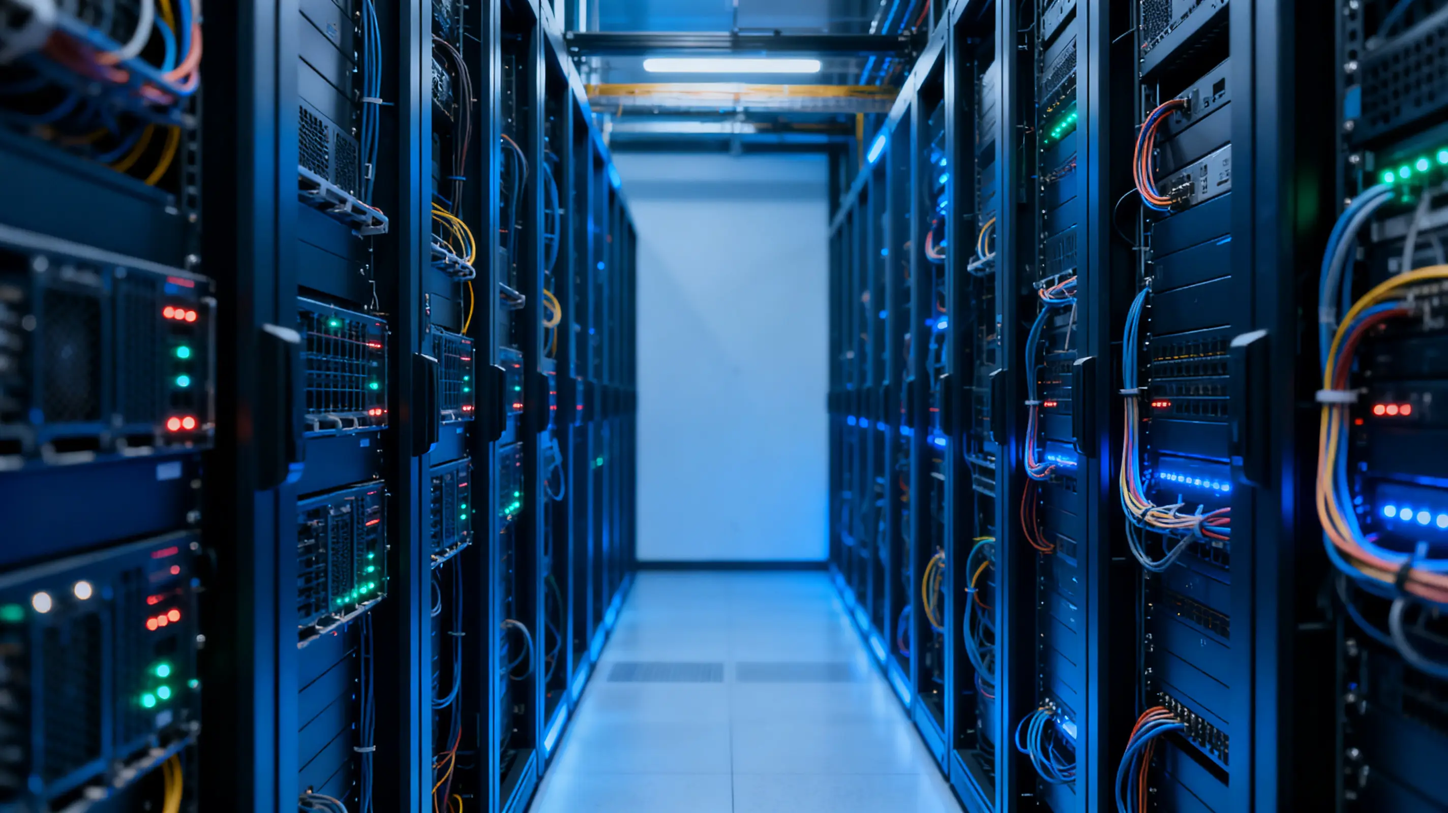 Rows of server racks with glowing lights and colorful cables in a data center aisle