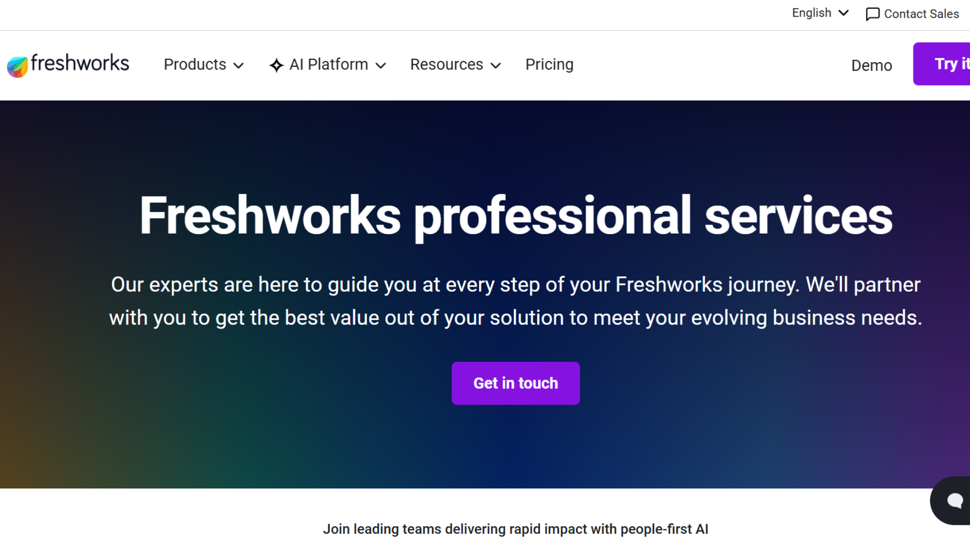 freshworks professional services page offering expert guidance and business support solutions