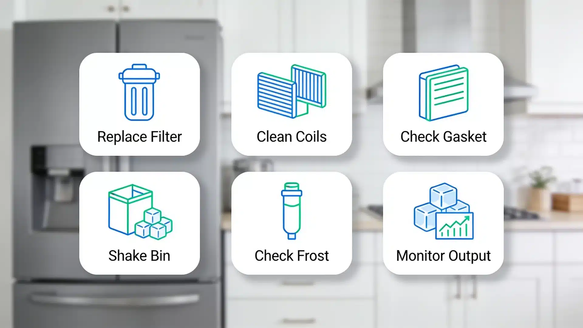 Frigidaire ice maker maintenance infographic with filter, coils, gasket, frost, bin, and output checks