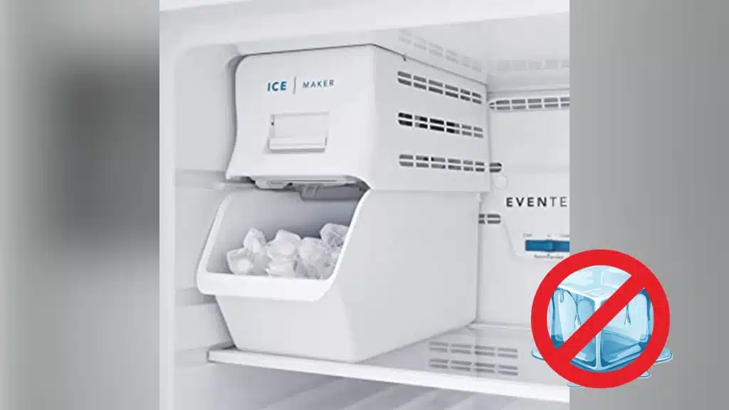 Frigidaire ice maker not working image showing freezer unit with blocked ice production warning icon