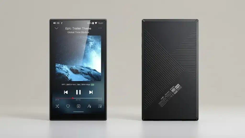 Front and back view of a black digital audio player in showing the screen playing music