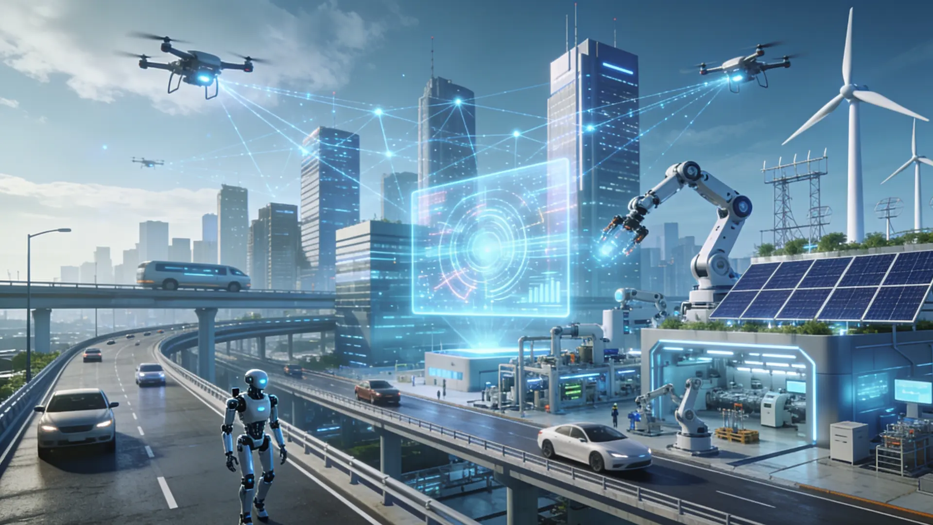 Futuristic smart city with robots, drones, solar panels, and connected roads