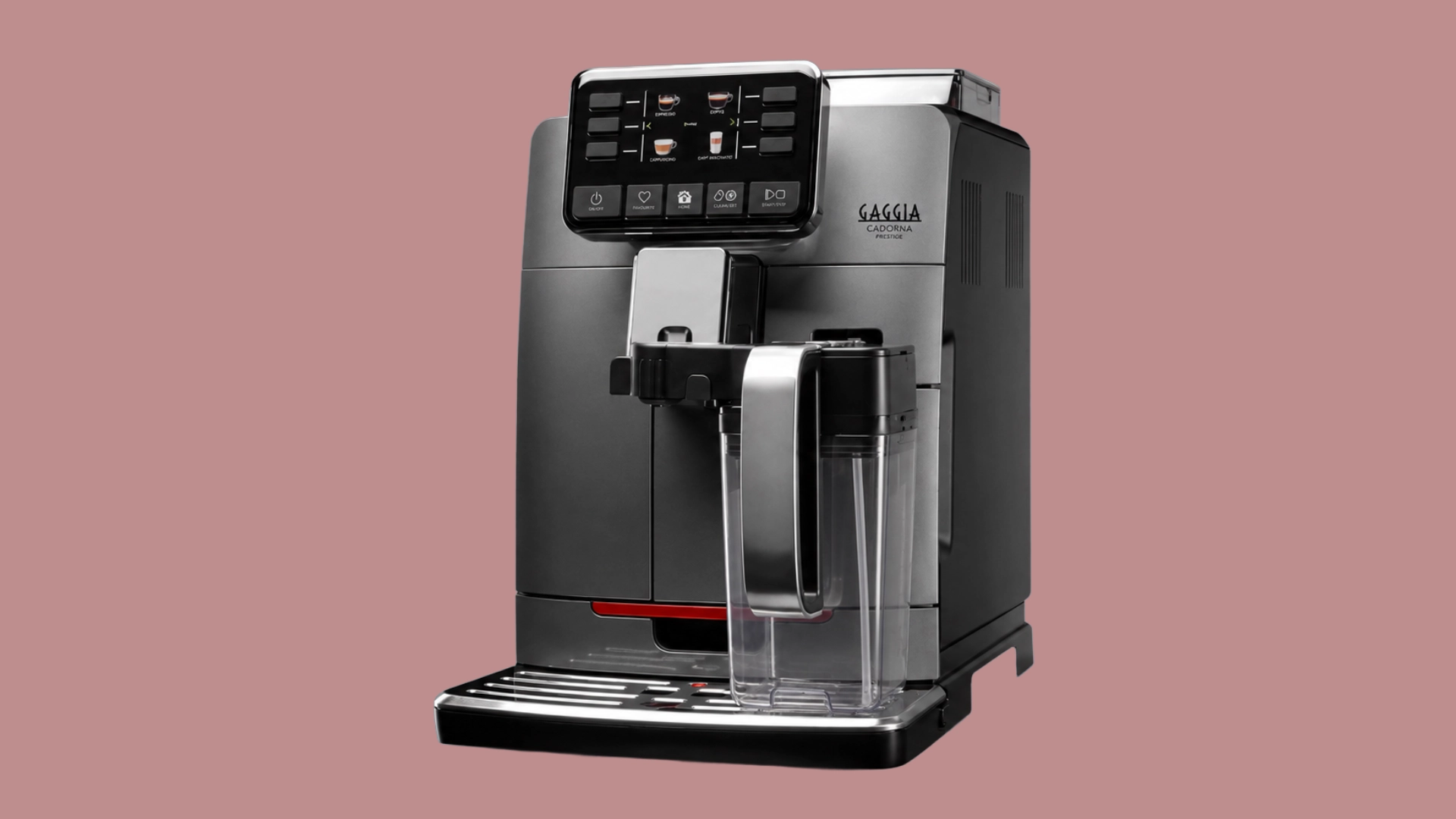 Gaggia Cadorna Prestige espresso machine with milk frother on blue background