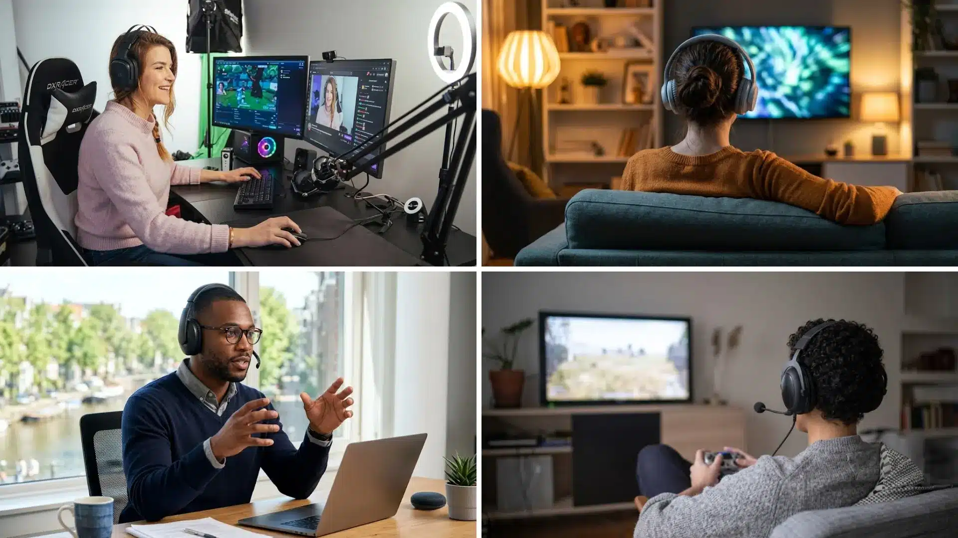 Gaming, streaming, video calling, and open world gameplay in a four panel home setup collage