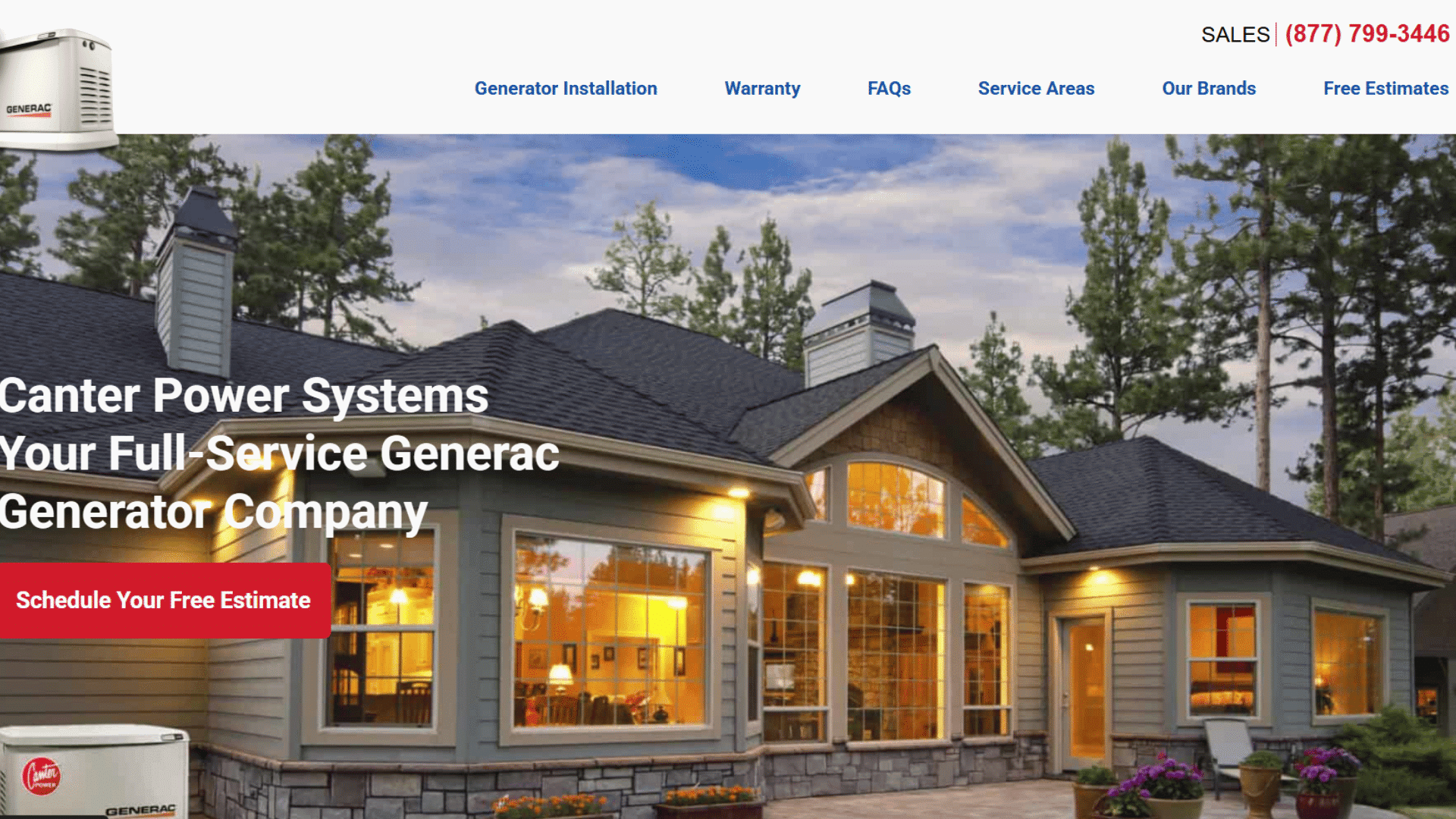 generac generator company homepage featuring large residential home exterior view