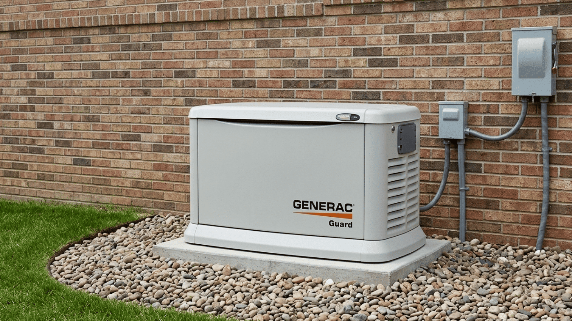 generac standby generator installed on a concrete pad beside a brick exterior wall