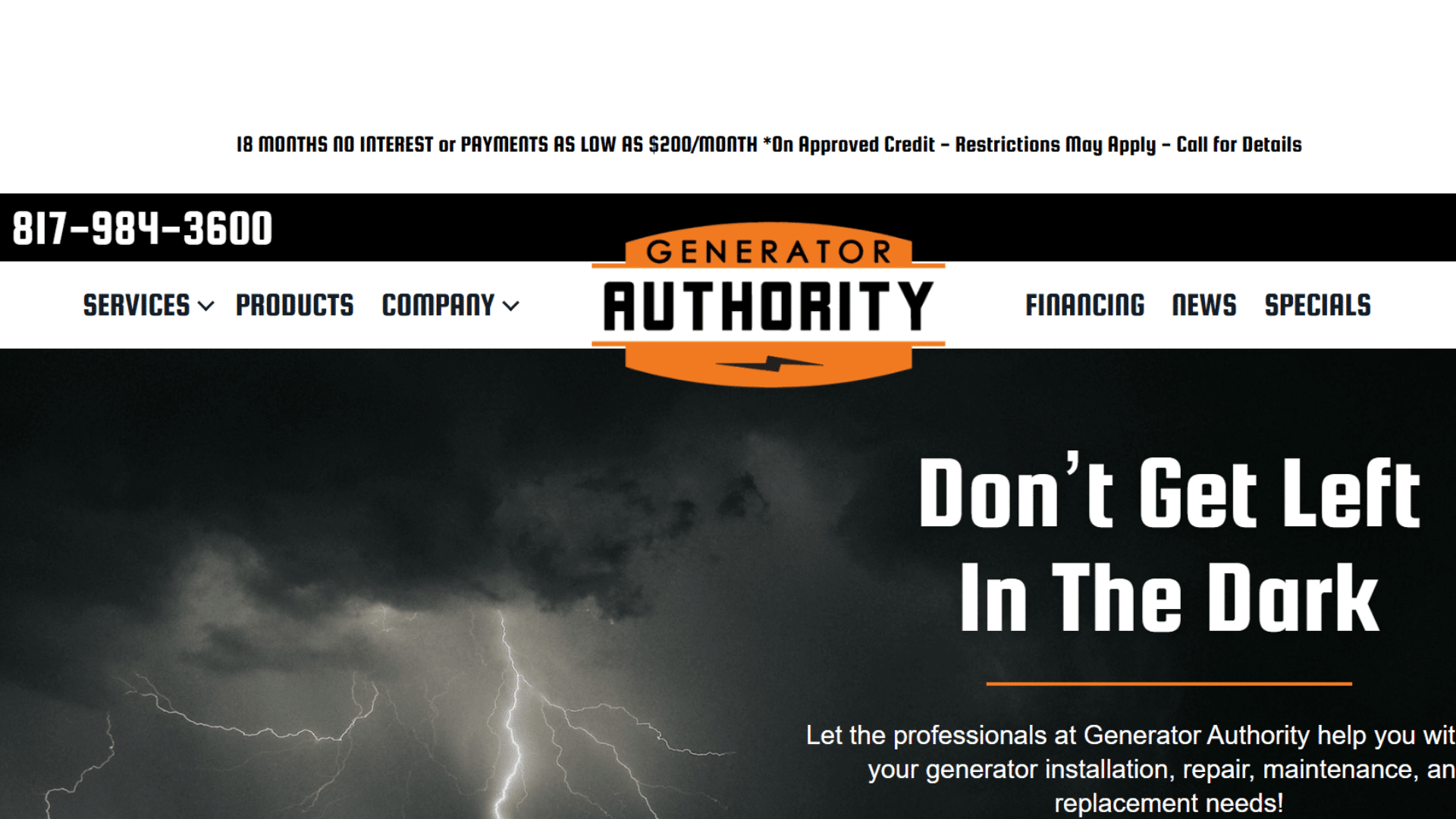 generator authority homepage with lightning storm background and service message