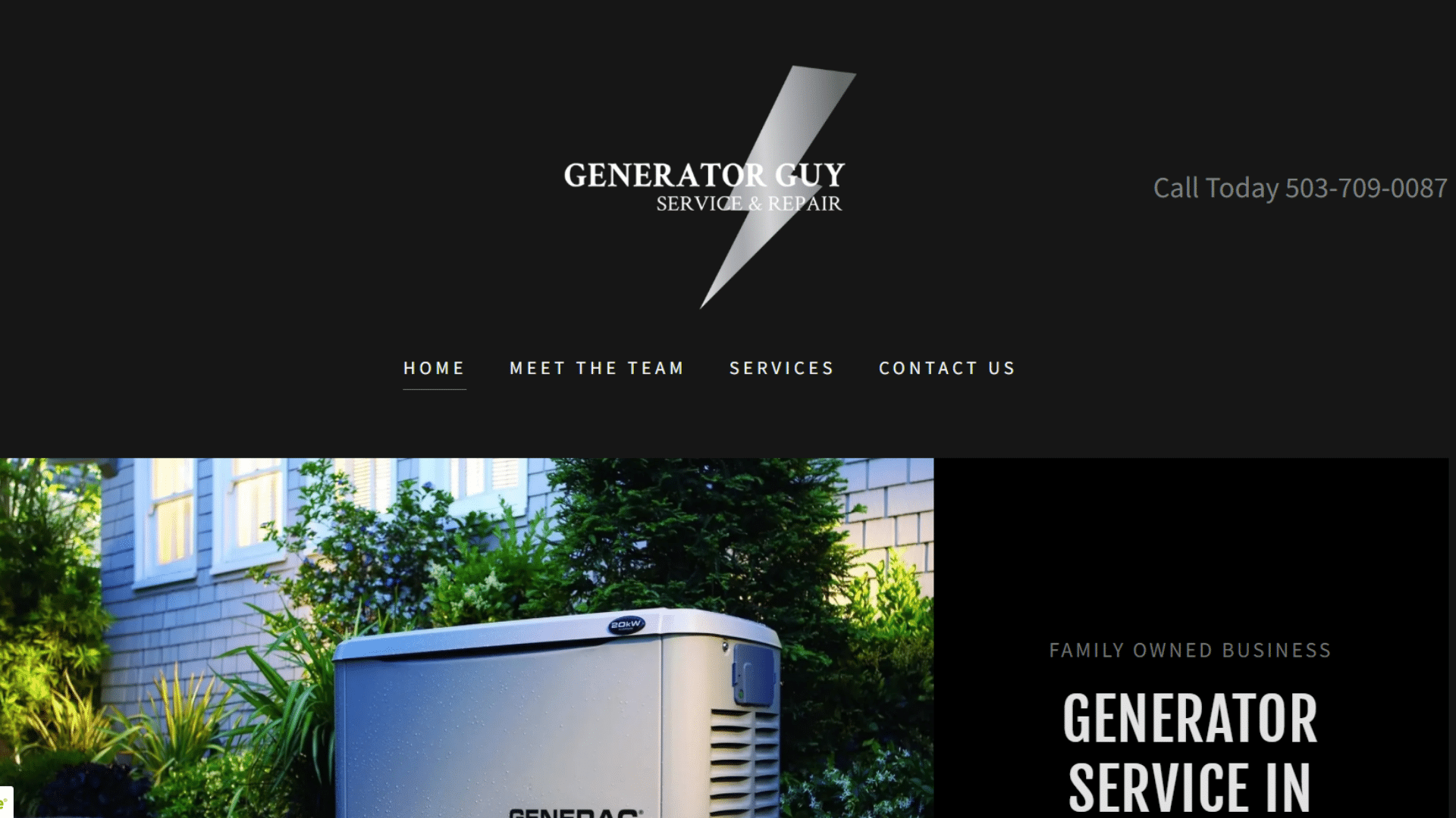 generator service and repair website featuring standby generator beside home landscaping
