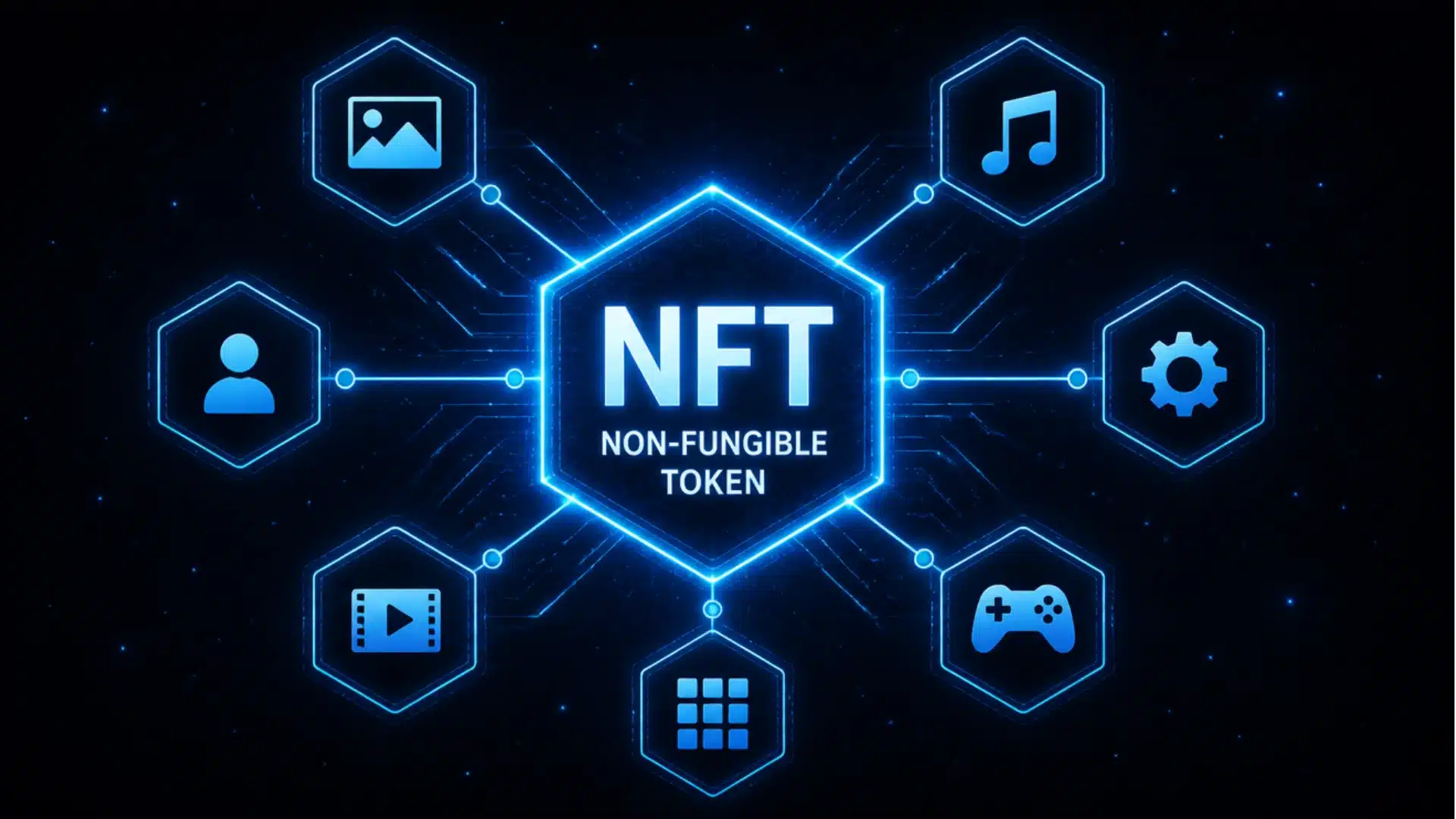 Glowing NFT token linked to digital media icons on a blue blockchain network