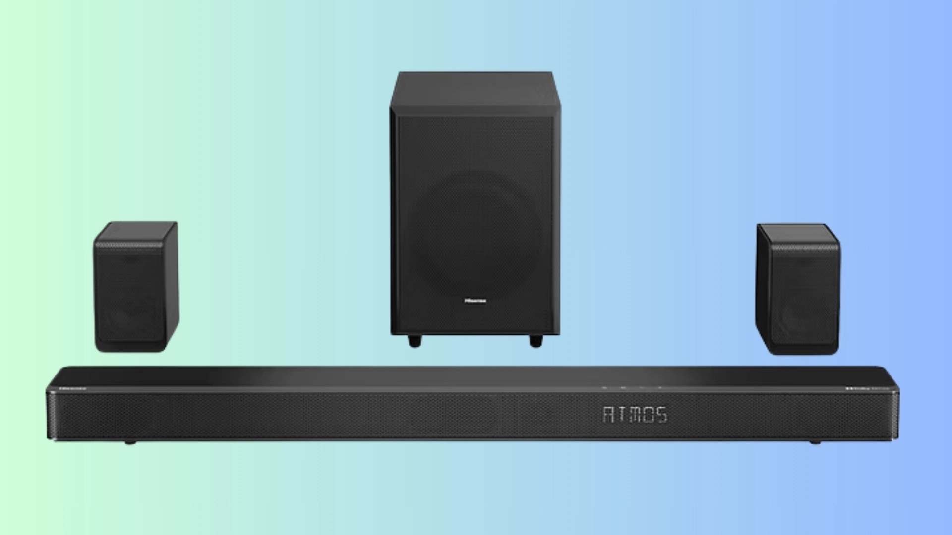 Hisense AX5125H soundbar with subwoofer and rear speakers on a soft blue background for movie surround sound