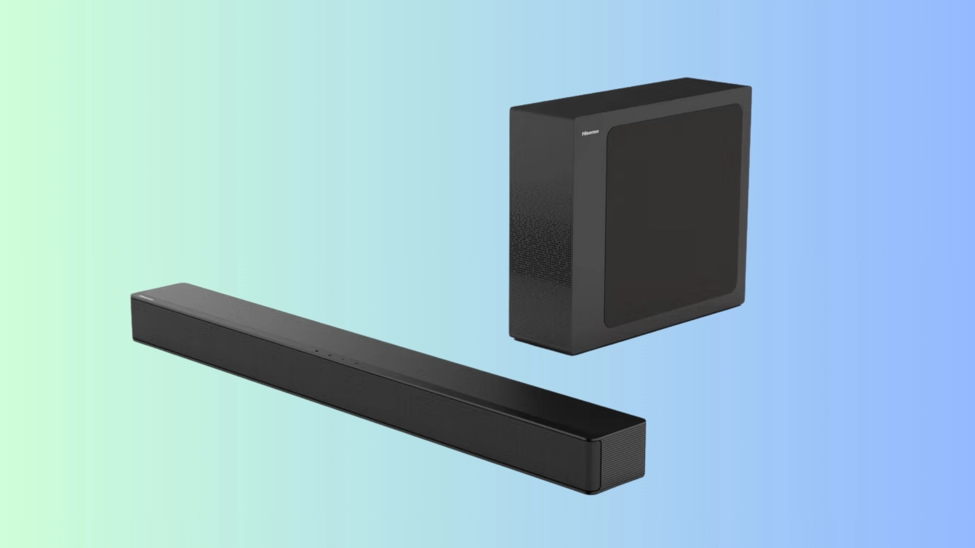 Hisense HS2100 black soundbar with a compact wired subwoofer on a soft blue background for budget TV audio