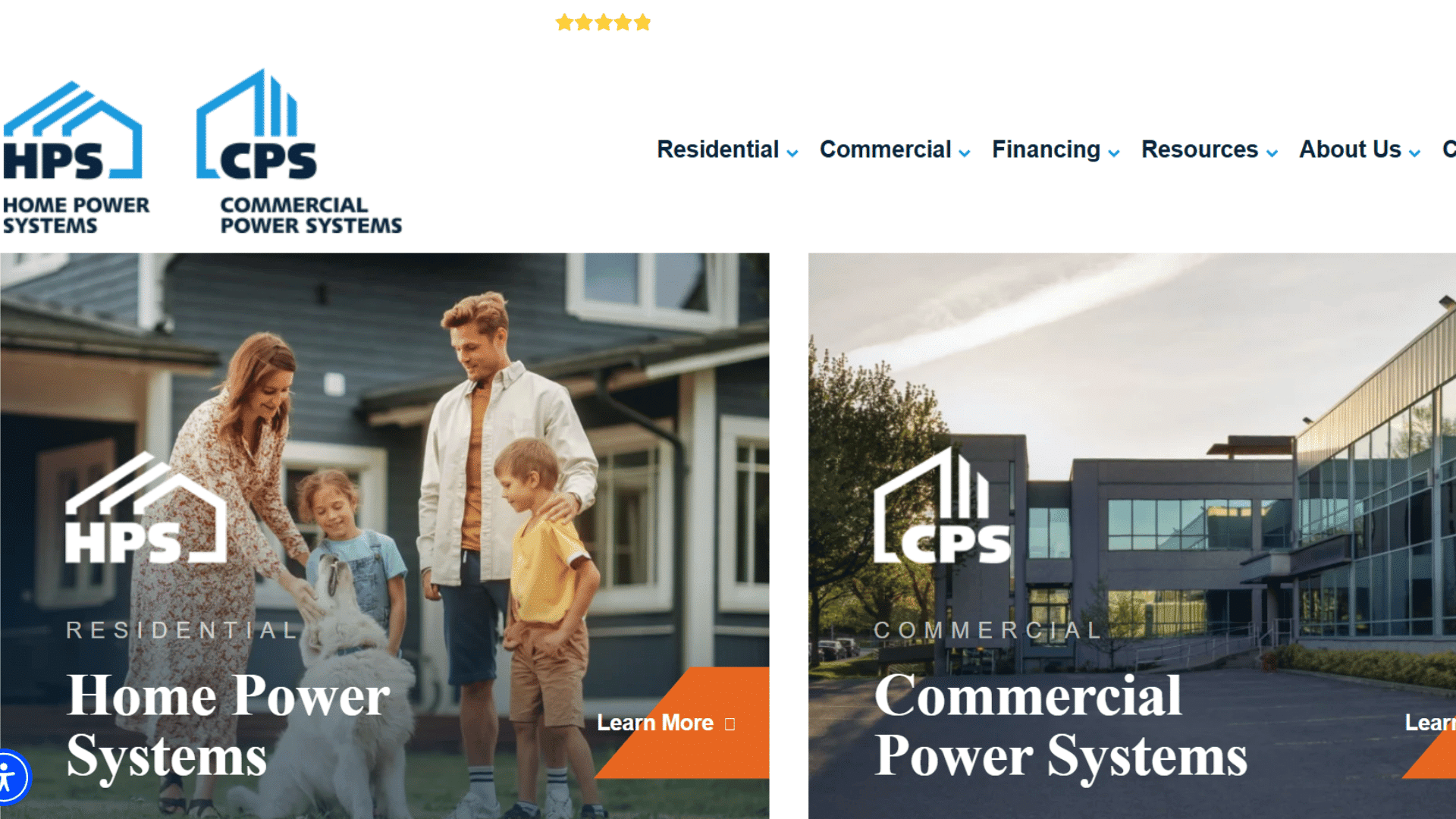 home and commercial power systems website featuring family and office building