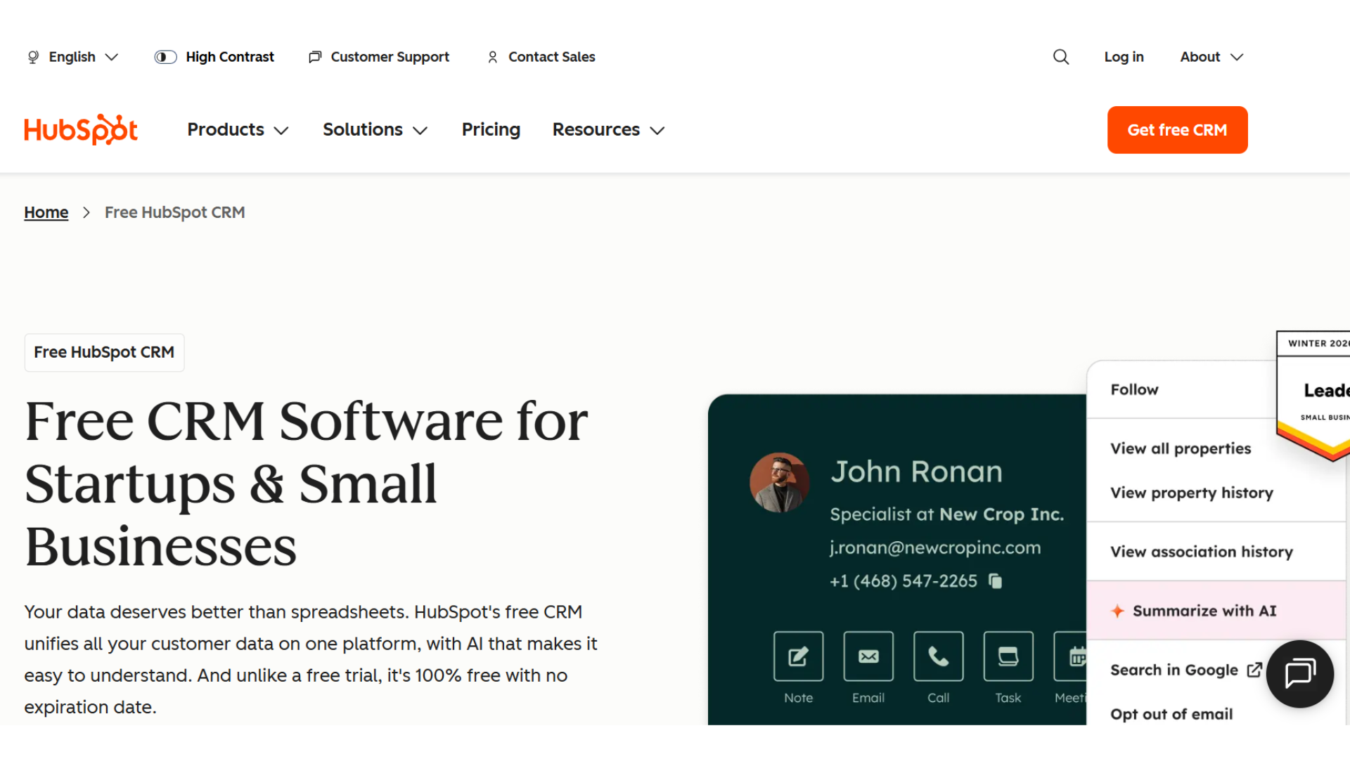 hubspot crm homepage showing free crm software for startups and small businesses
