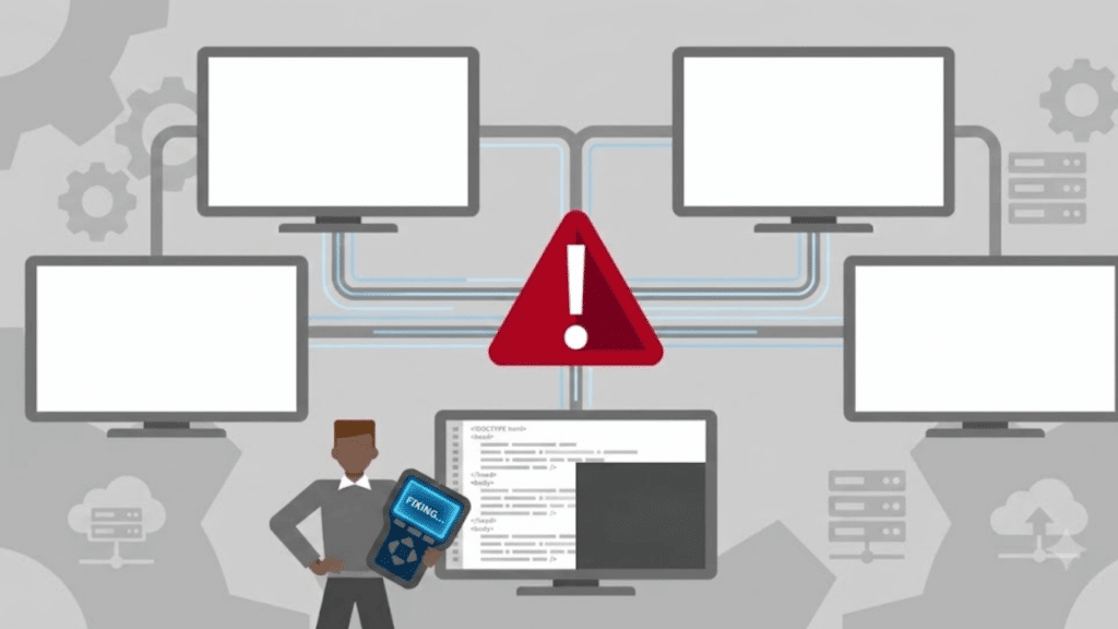 illustration showing connected computer monitors with a warning symbol highlighting a network issue and coding system error