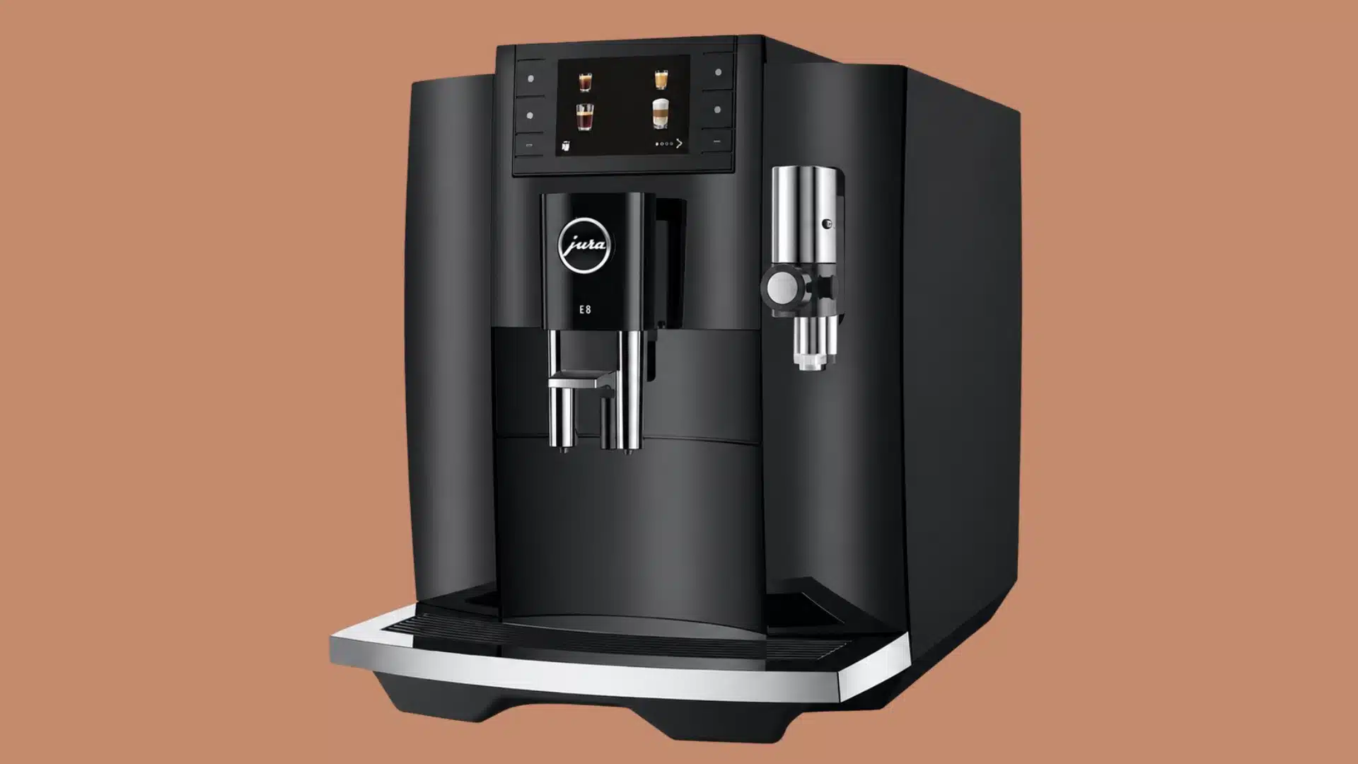 Jura E8 automatic espresso machine with touchscreen display and built in milk frother system