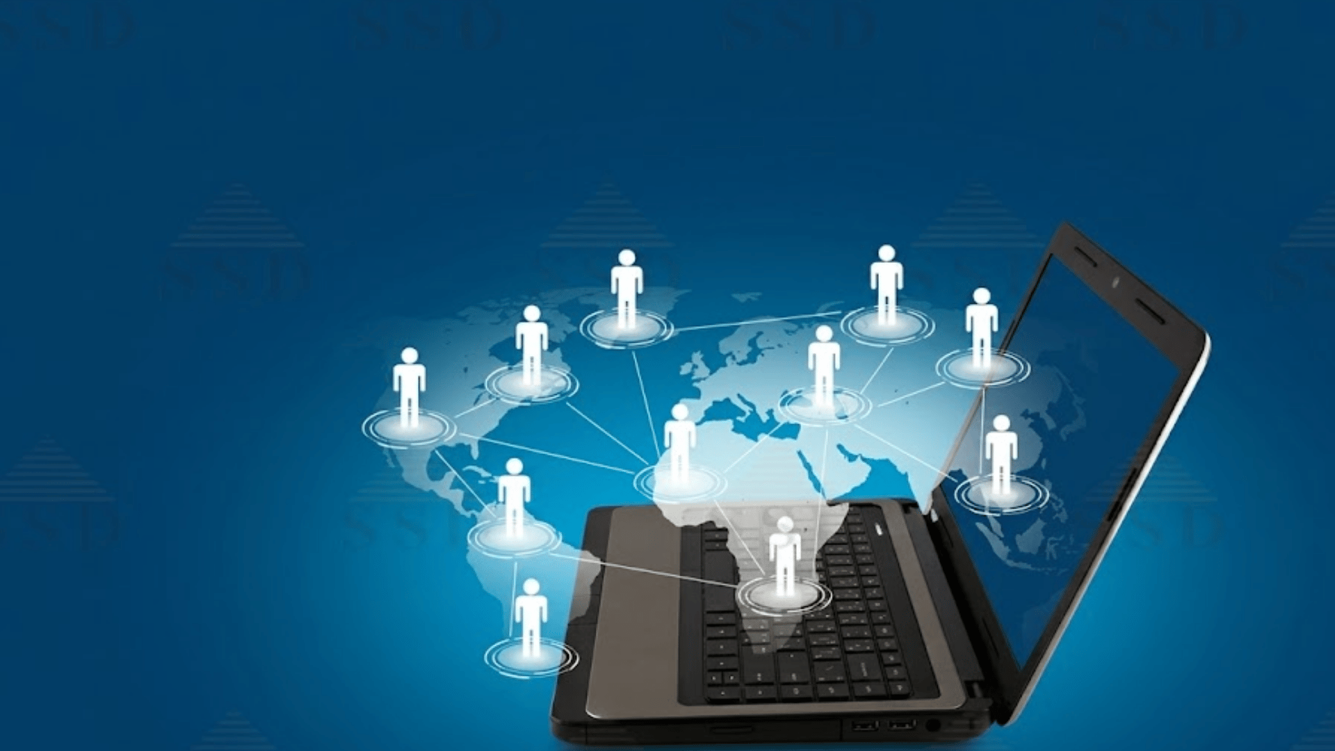laptop displaying a global network map with connected user icons representing online communication worldwide