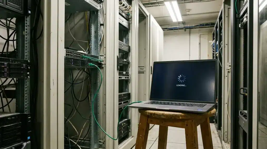 Laptop on a stool connected to server racks with green cable and loading screen displayed