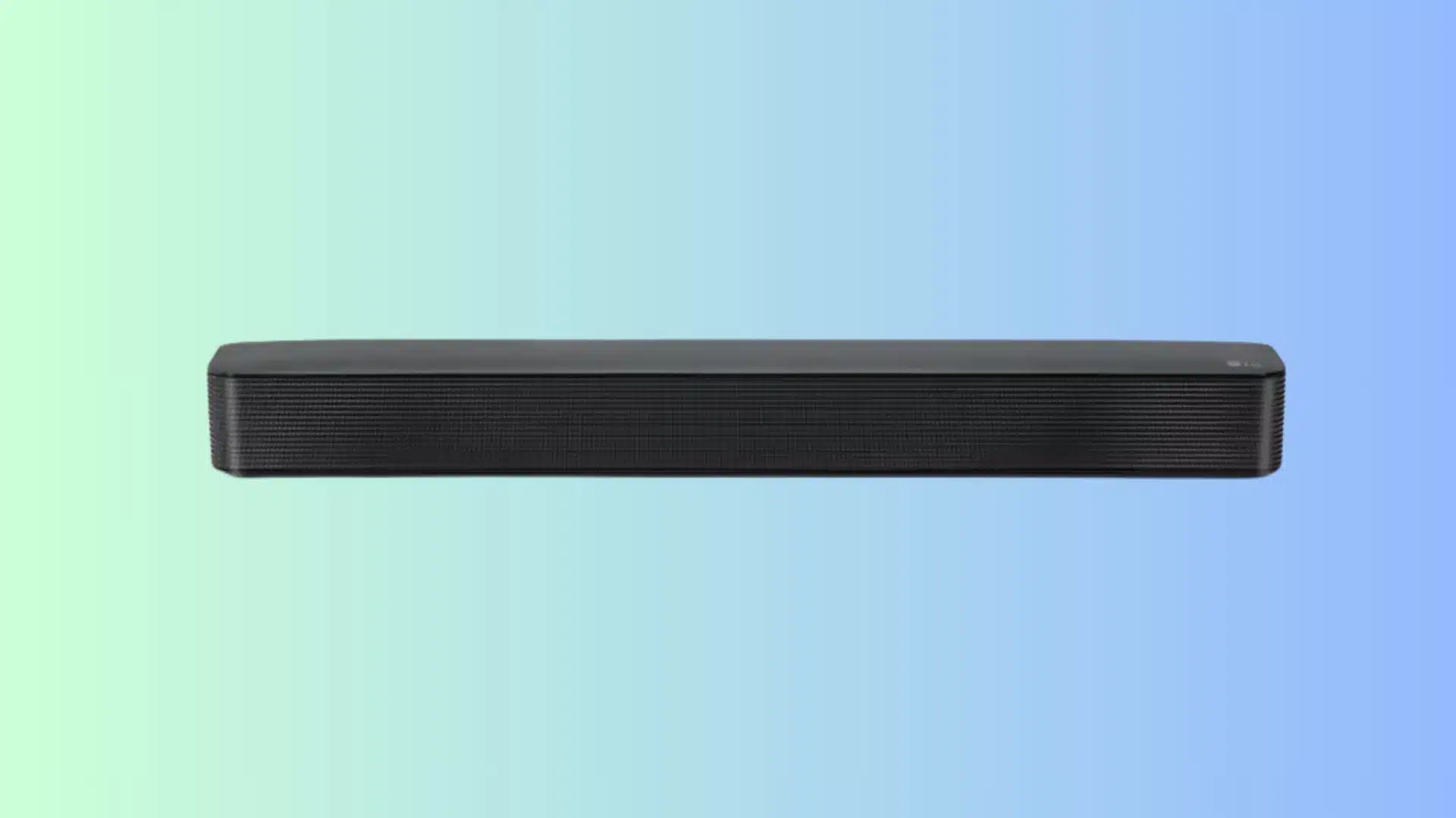 LG SKM1 slim black soundbar on a soft blue background for simple TV audio and clearer everyday listening