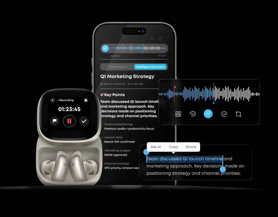 Smartphone screen displaying audio transcription software with accompanying smartwatch and wireless earbuds in black background