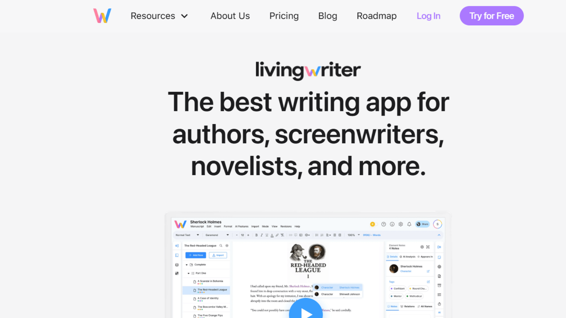 livingwriter homepage showcasing cloud based writing software with outlining tools manuscript organization and planning features for authors