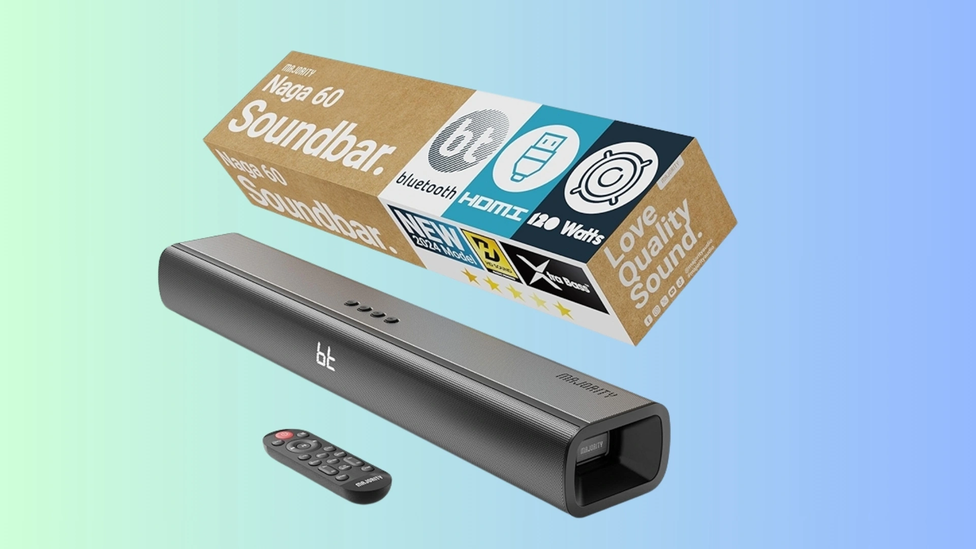 Majority Naga 60 soundbar with remote and product box on a blue background for budget TV audio setup