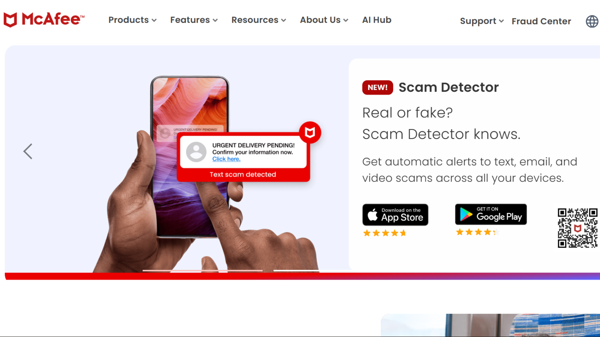 mcafee scam detector page showing mobile threat and fraud protection features