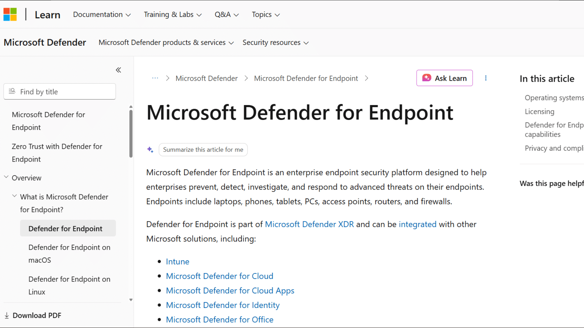 microsoft defender for endpoint documentation page with security guidance