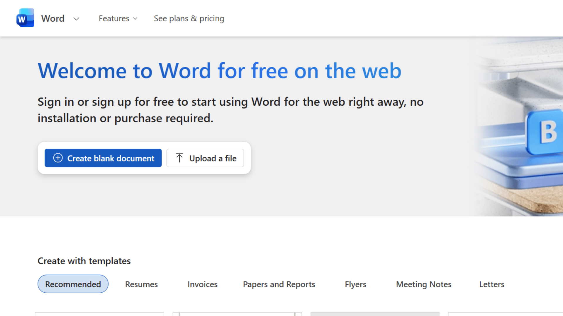 microsoft word web homepage showing free online document creation editing tools and template options for writers and professionals