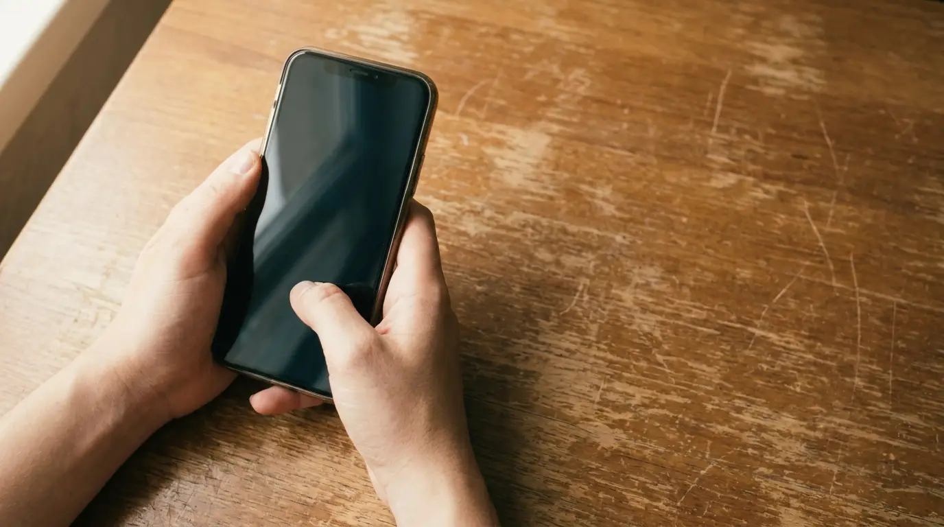 Hands holding smartphone with blank screen over wooden table in natural light