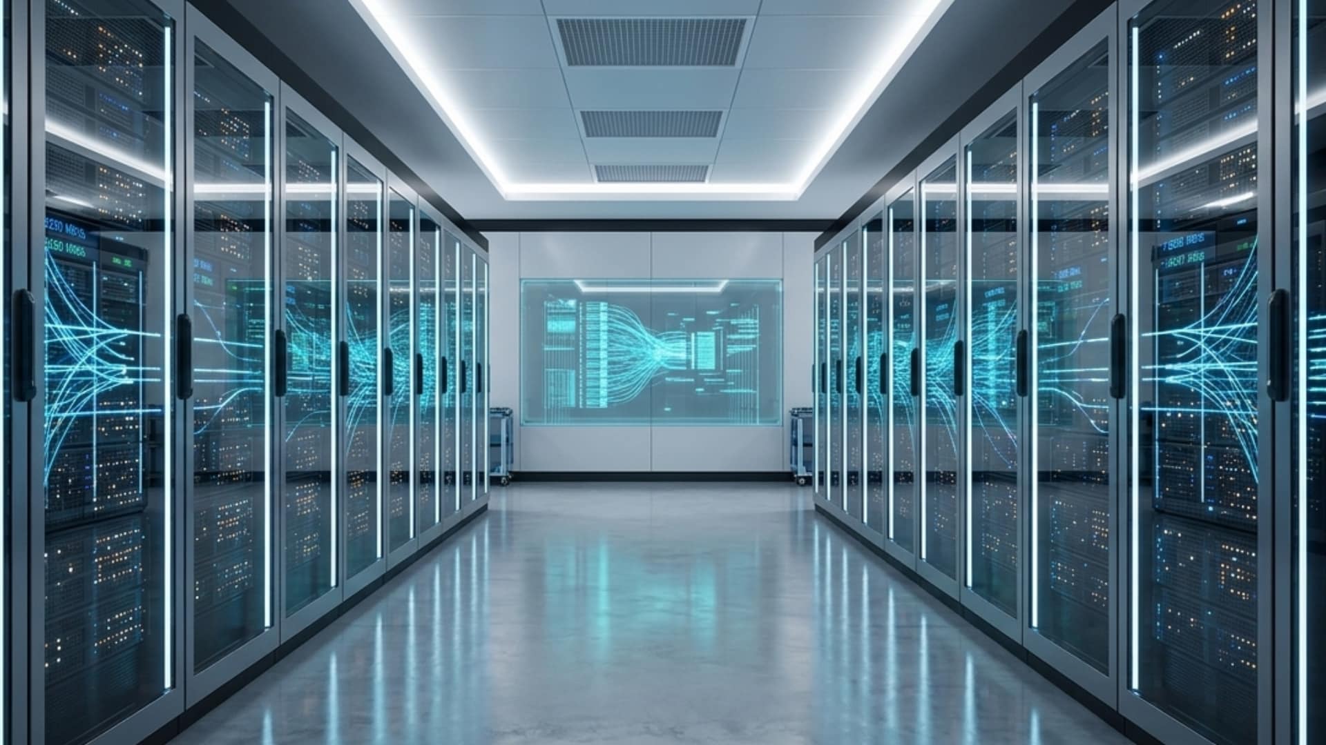 Modern data center aisle with glowing blue light trails on glass doors, under cool white lighting
