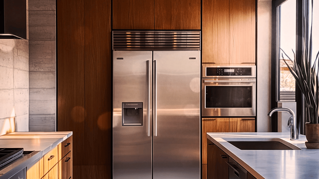 modern kitchen with stainless steel side by side refrigerator surrounded by warm wood cabinets and island sink