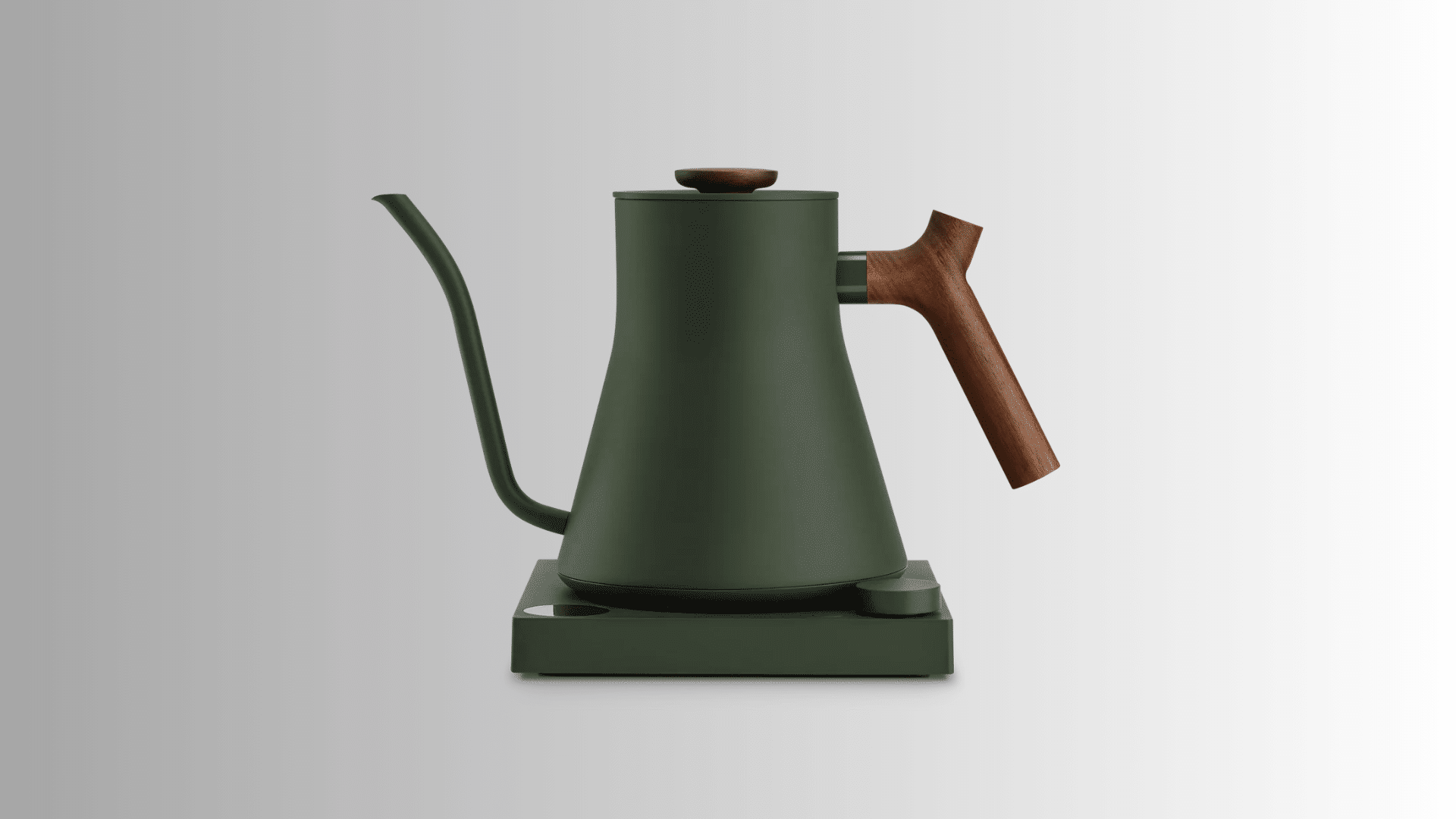 modern matte green gooseneck electric kettle with wooden handle precision spout and minimalist base design