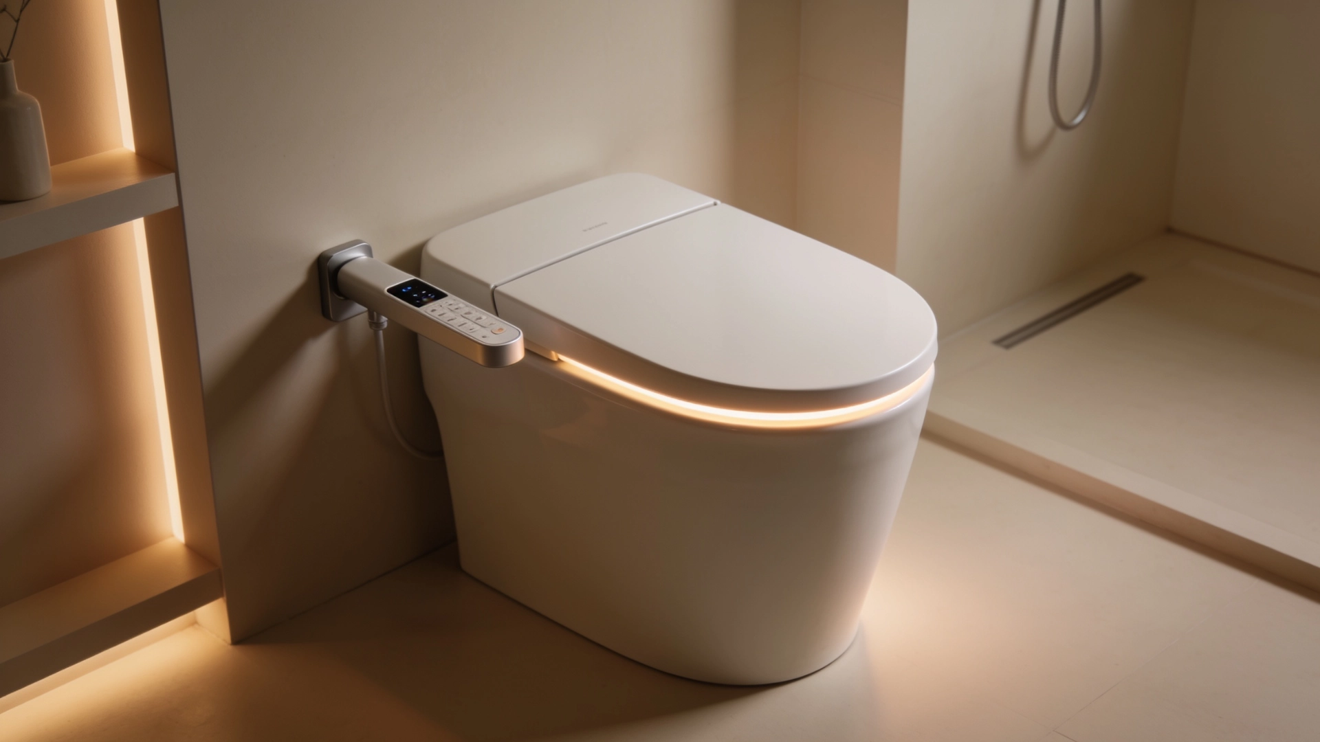 Modern smart toilet with integrated control panel and soft rim night light in a minimalist bathroom