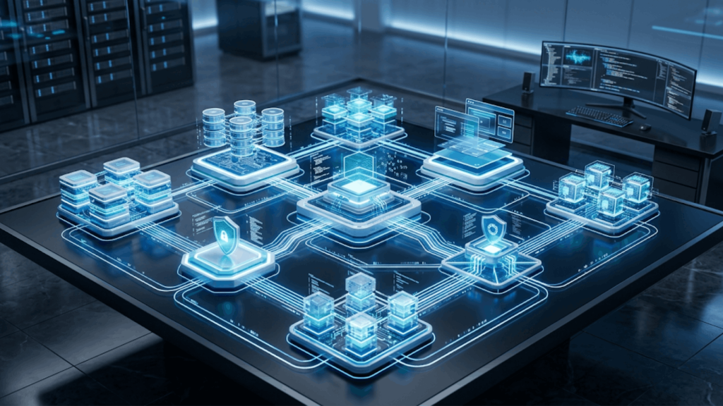 modular software architecture with interconnected components databases and secure data flows (1)