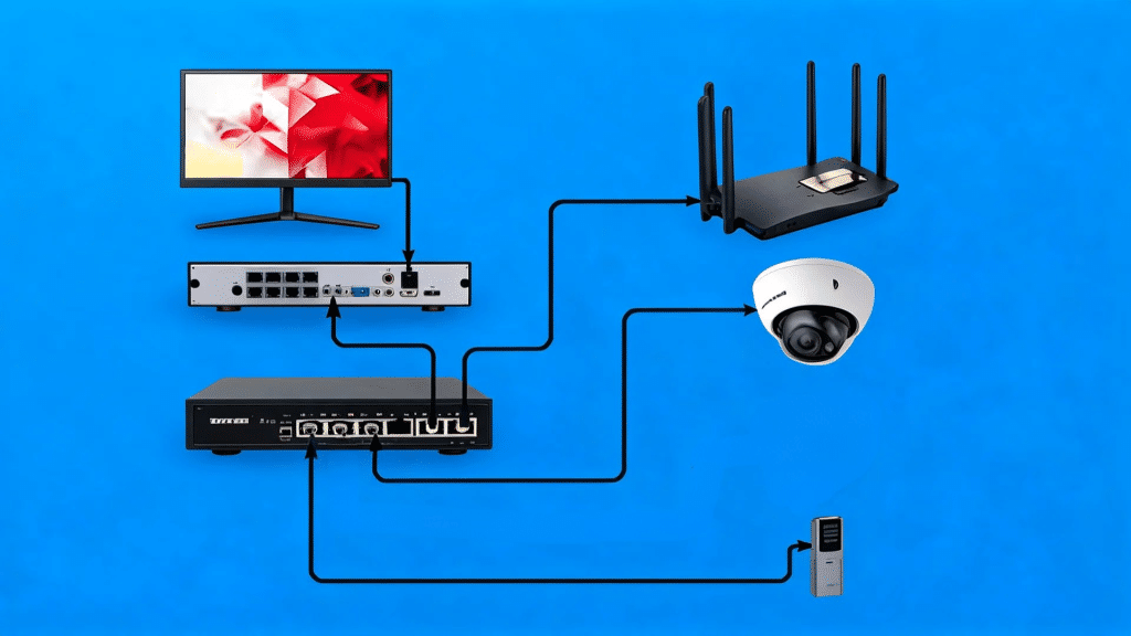 network devices including cameras router monitor recorder and access controller connected through a poe switch setup