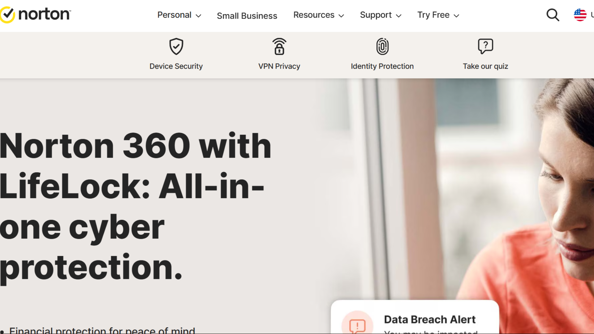 norton 360 cybersecurity page featuring identity and device protection tools