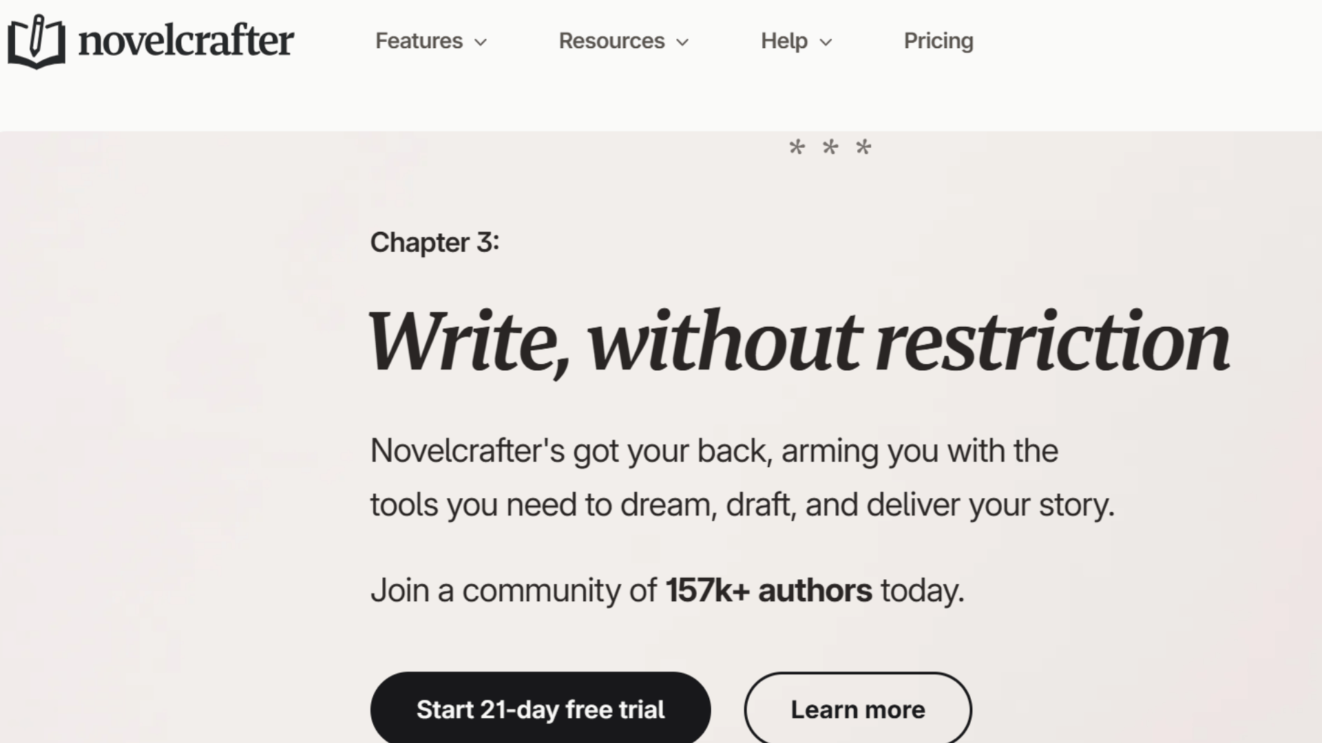 novelcrafter homepage featuring novel writing software with story planning tools chapter organization and worldbuilding features for authors