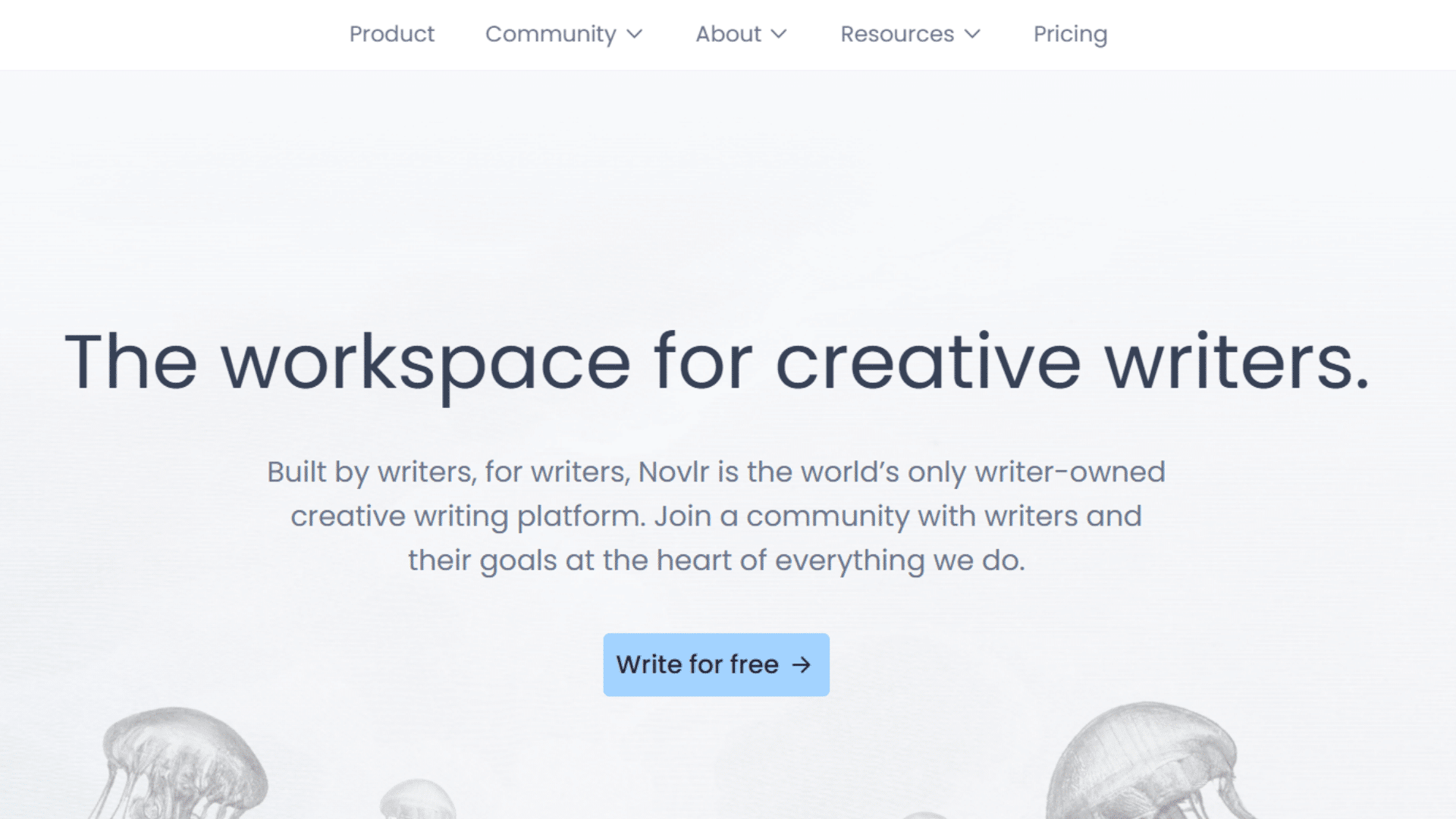 novlr homepage promoting creative writing workspace with cloud based drafting tools progress tracking and writer focused features