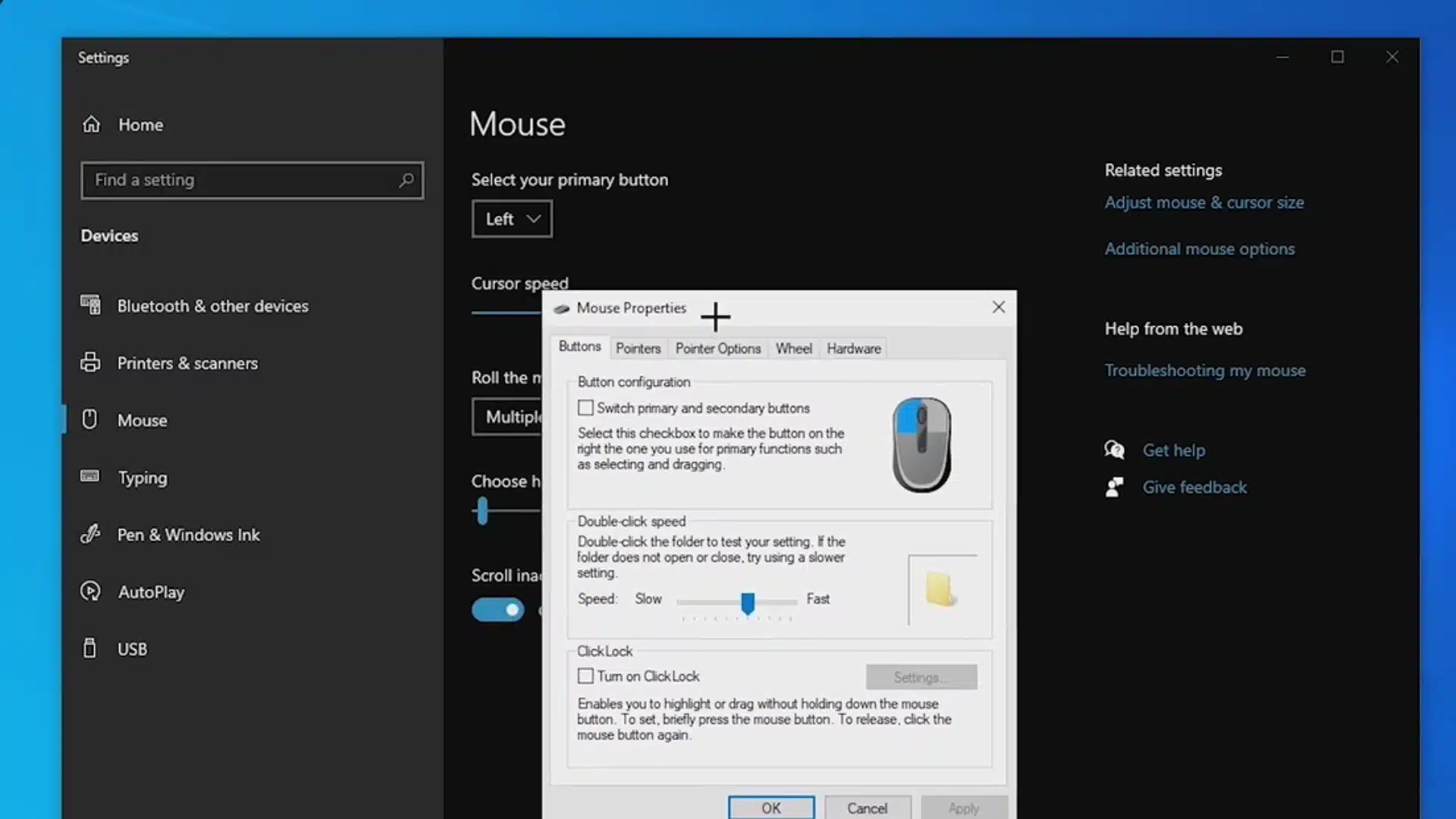 Open Additional Mouse Options in Windows 10 Mouse Settings to adjust mouse properties
