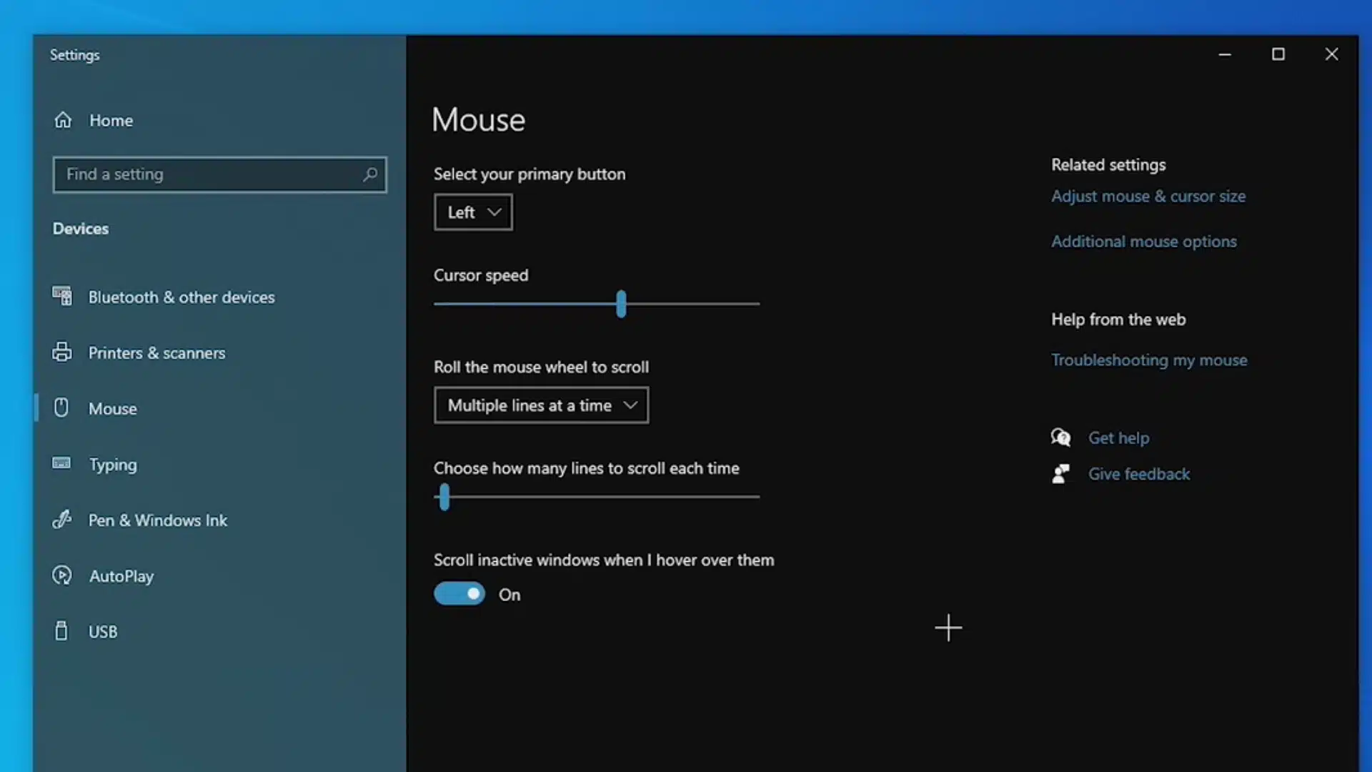 Open Mouse Settings in Windows 10 showing cursor speed, scroll options, and related settings