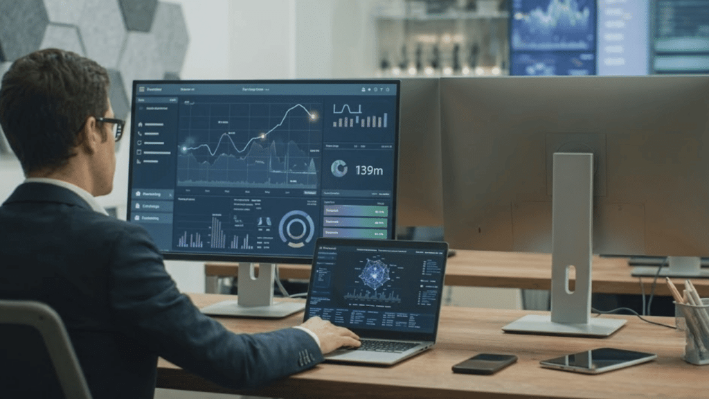 person analyzing business analytics dashboard on multiple screens to track performance metrics trends and operational data insights