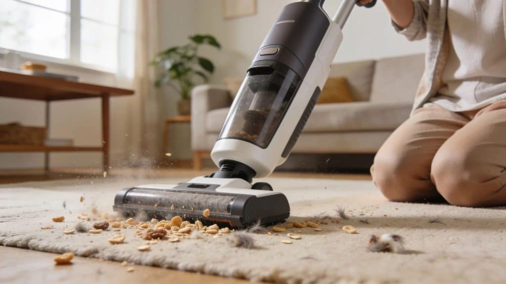 Person using a vacuum cleaner to remove cereal crumbs and pet hair from a living room rug in a bright modern home