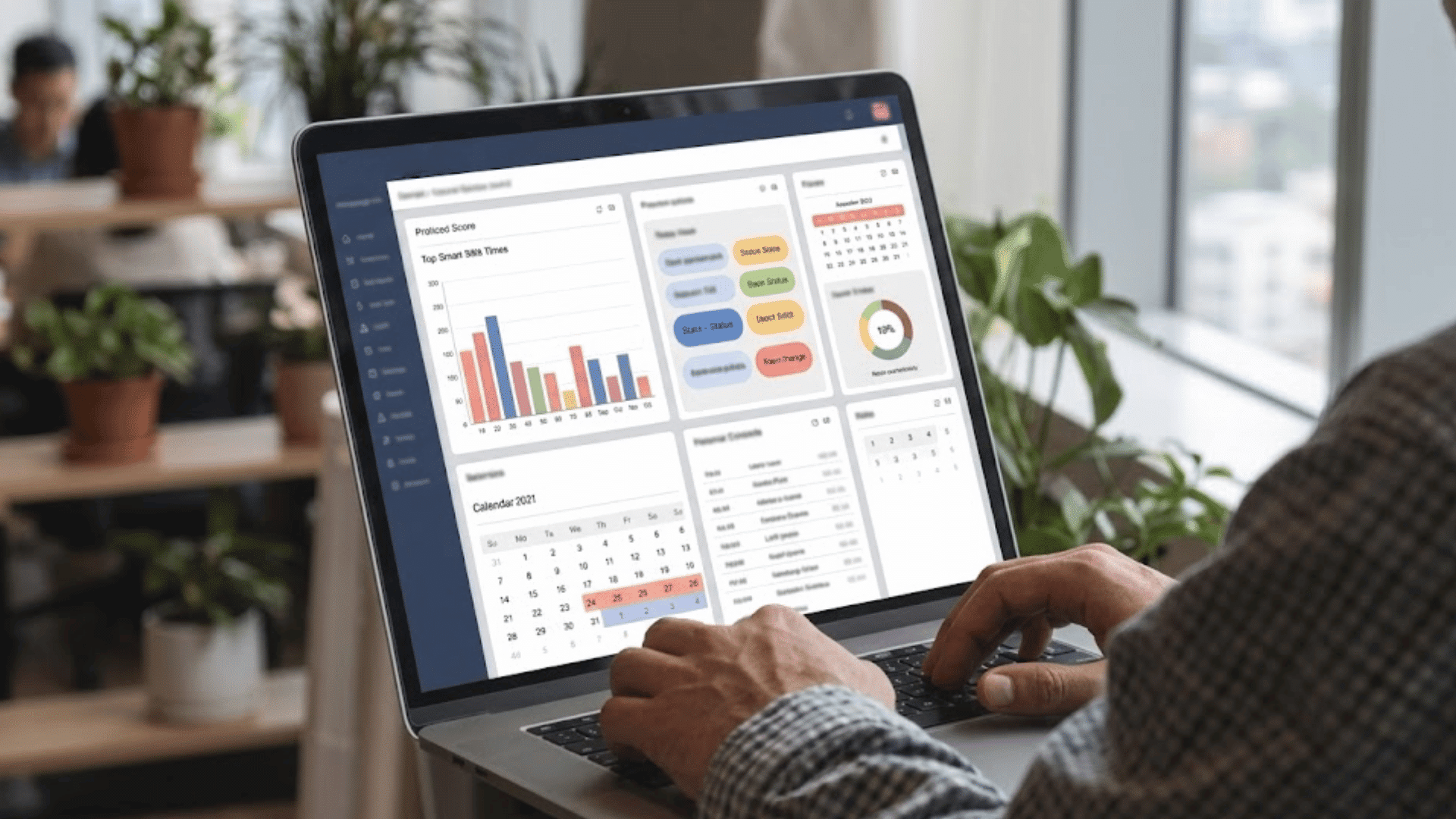 person using immorpos35 3 software dashboard on laptop to manage workflows data reports and business operations efficiently