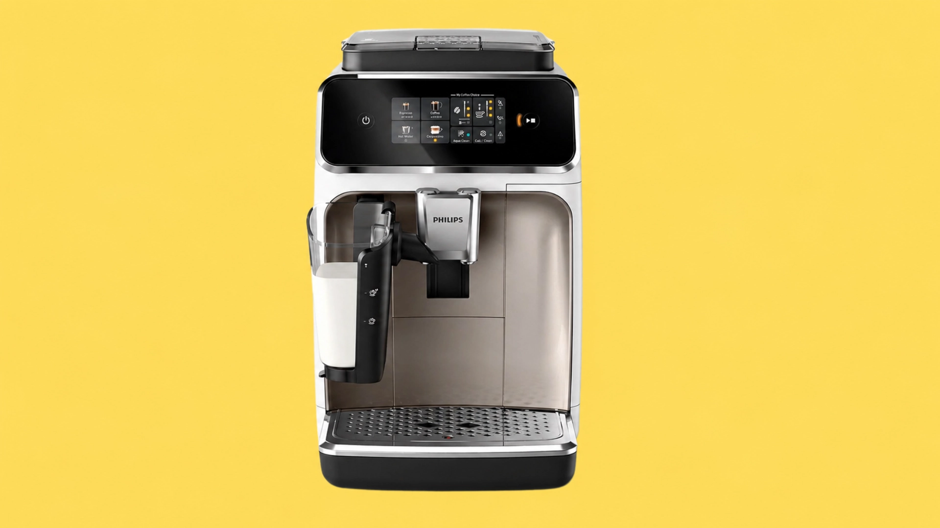 Philips 2300 LatteGo automatic espresso machine with touchscreen display on yellow background