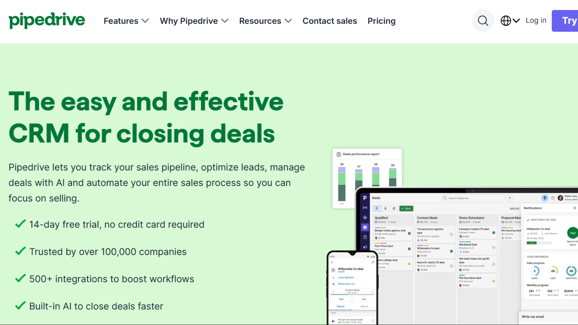pipedrive crm homepage showcasing sales pipeline management and deal tracking tools