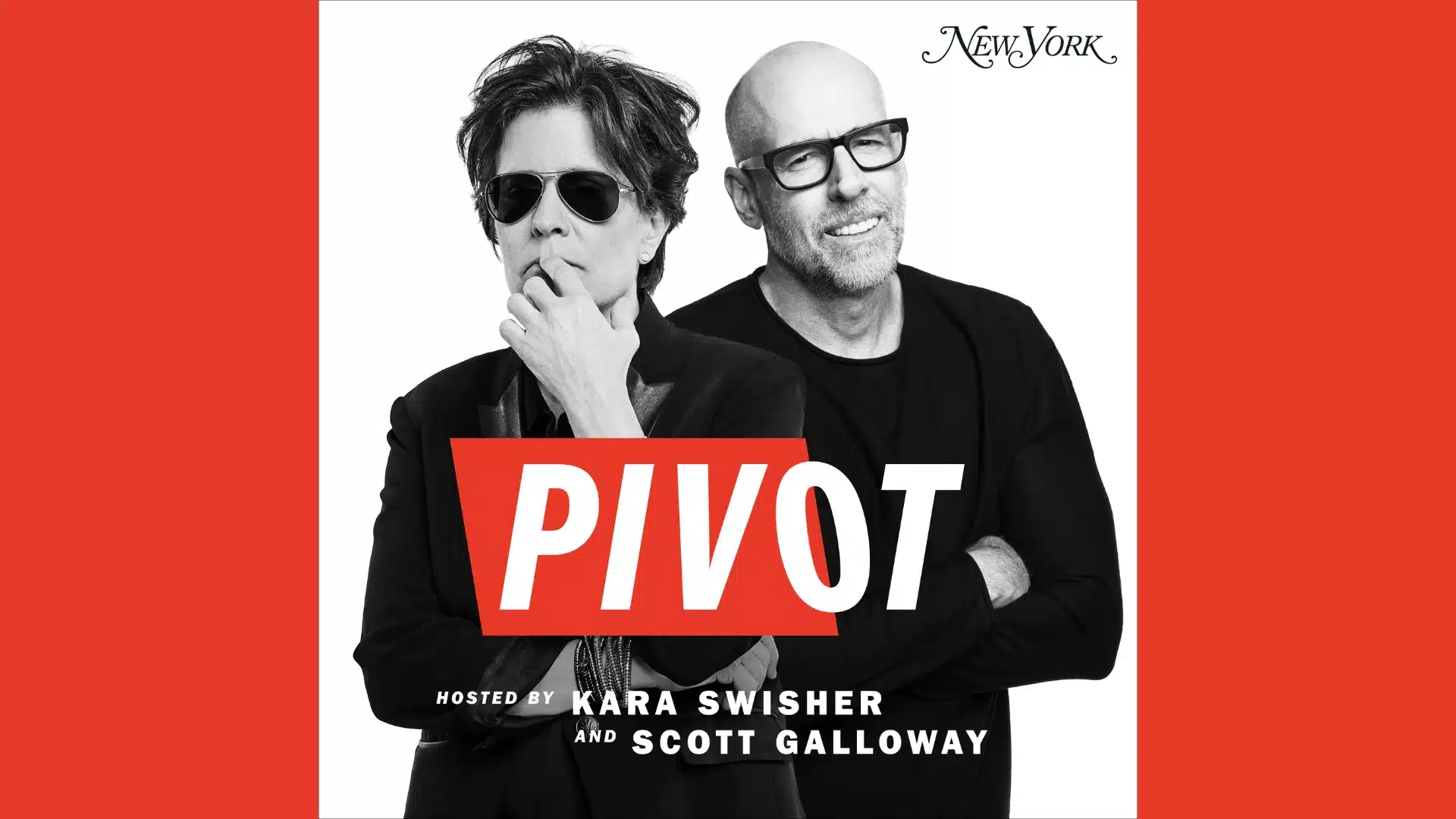 Pivot podcast cover art featuring hosts Kara Swisher and Scott Galloway